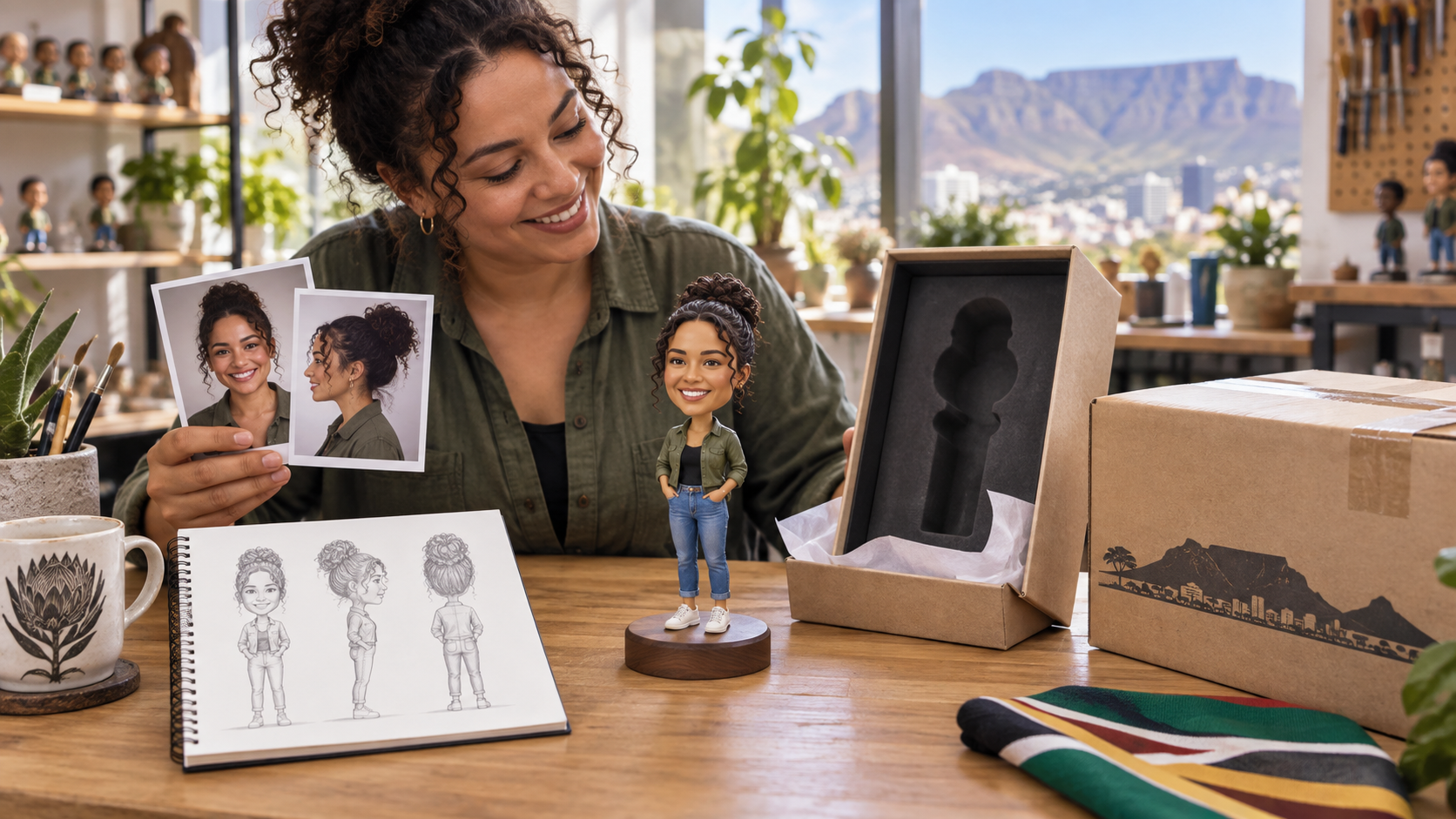 Customer comparing a finished custom bobblehead with photos sketches packaging and delivery box Customer comparing a finished custom bobblehead with photos sketches packaging and delivery box