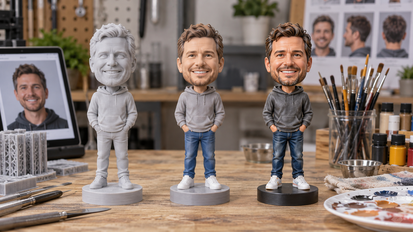 Three custom bobblehead finishing stages from unpainted print to detailed hand-painted figure Three custom bobblehead finishing stages from unpainted print to detailed hand-painted figure