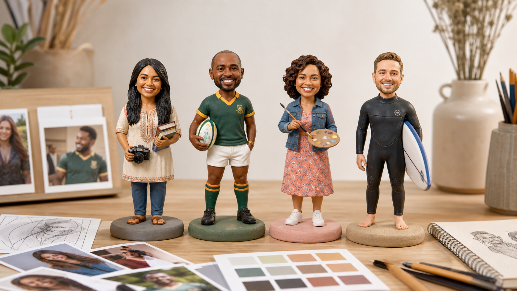 Custom 3d Figures in South Africa custom 3d figures custom figurine maker studio with diverse South African portrait figurines