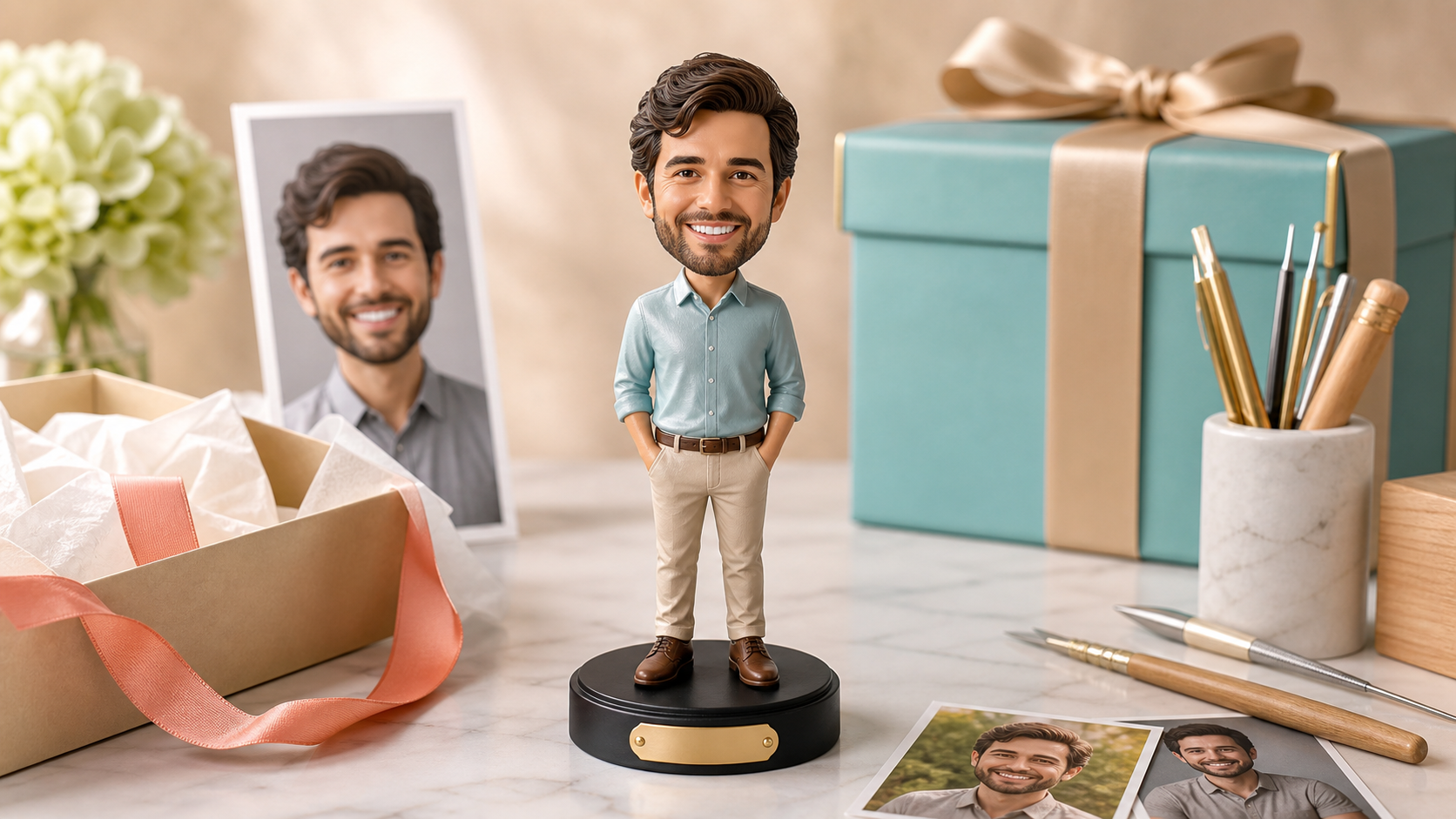 Custom figurine with name on base Custom figurine with name on base shown with engraving tools and premium gift packaging