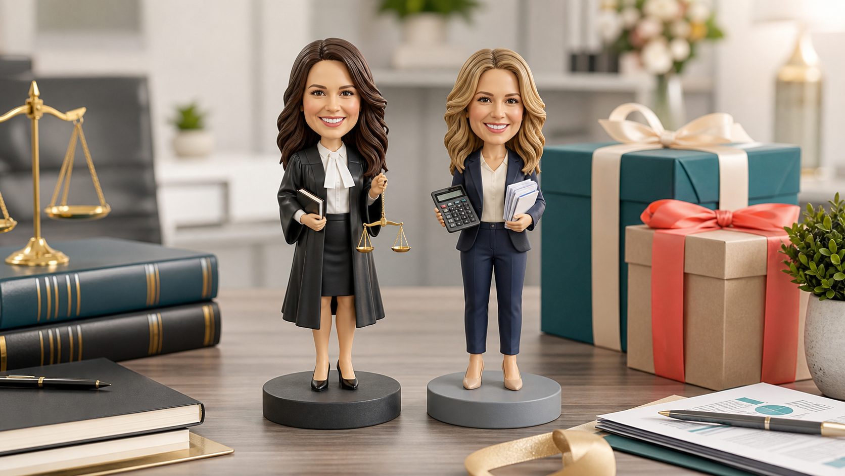 Custom lawyer bobble head and accountant figurine gifts Custom lawyer bobble head and personalised accountant figurine displayed as professional gifts