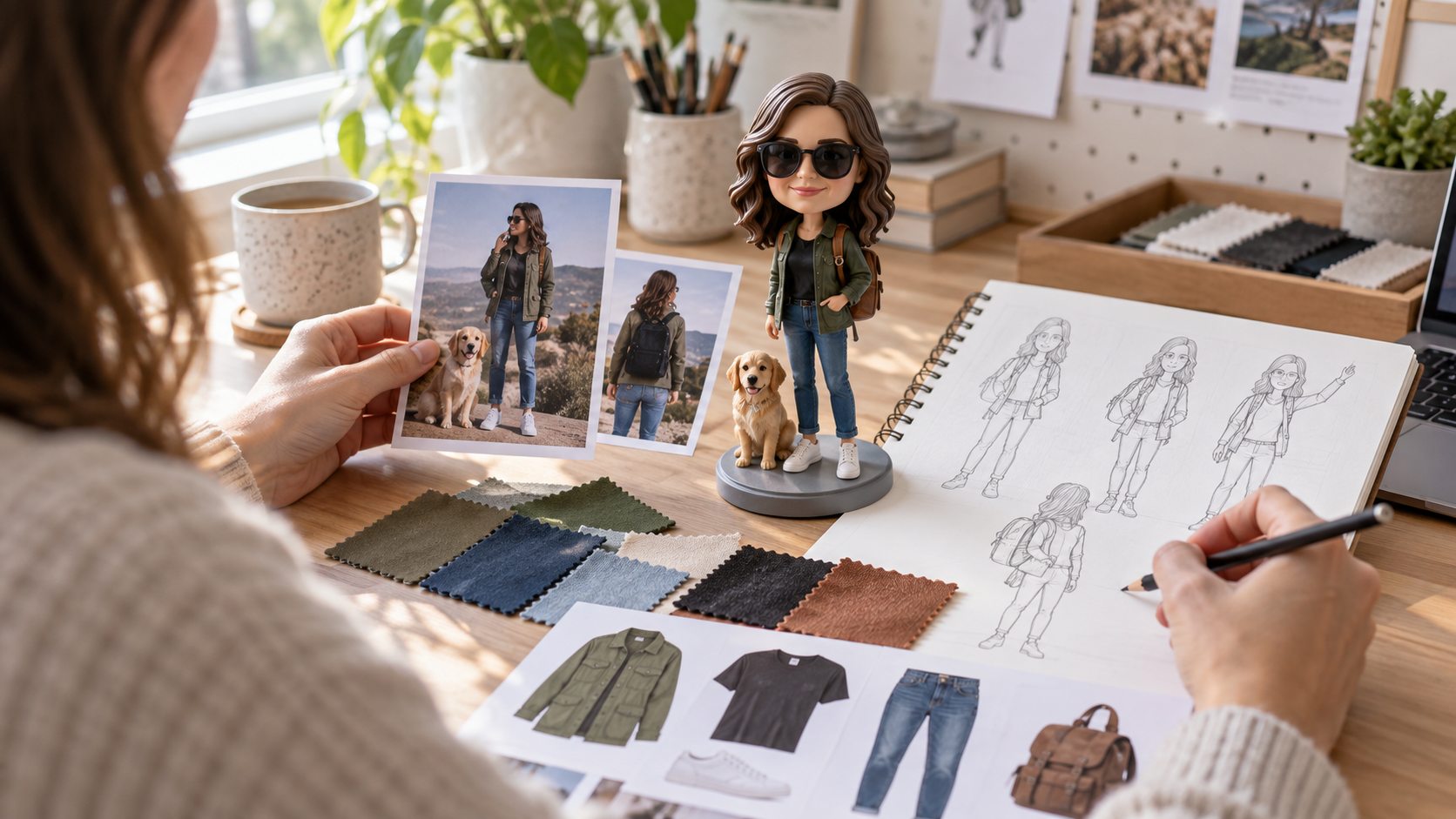 Designer planning a custom bobblehead with photos clothing references and pose sketches Designer planning a custom bobblehead with photos clothing references and pose sketches