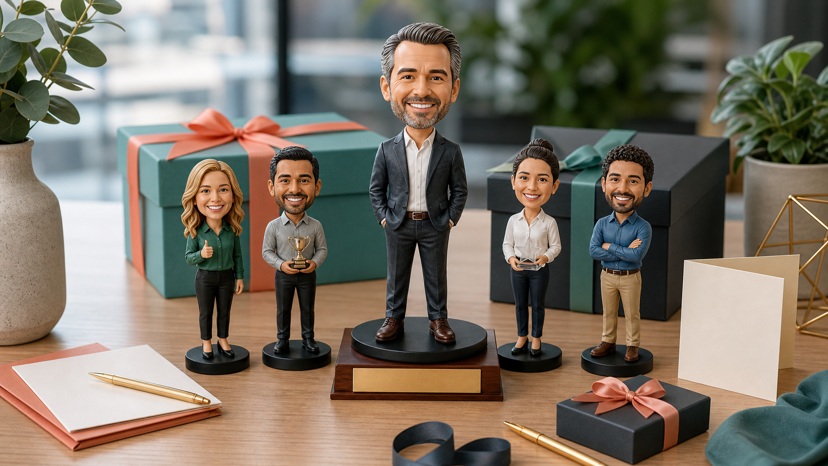 Personalised employee recognition and boss gift figurines Personalised employee recognition gifts and boss gift figurines on a corporate desk