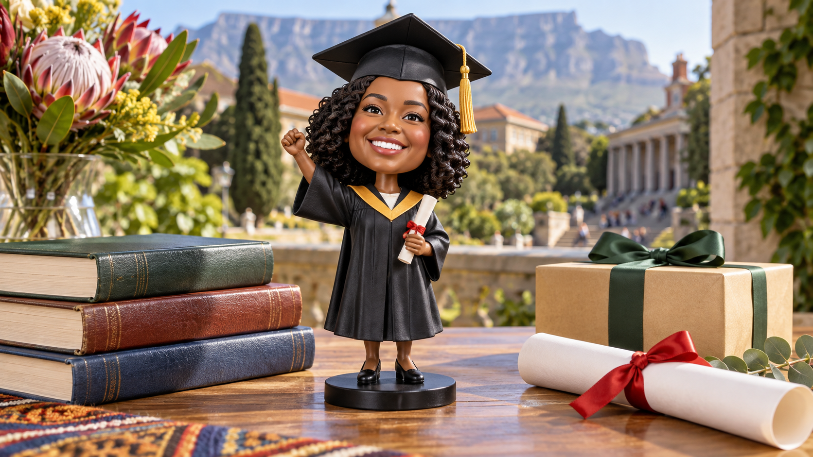 Graduation bobblehead with cap gown books certificate and gift box Graduation bobblehead with cap gown books certificate and gift box