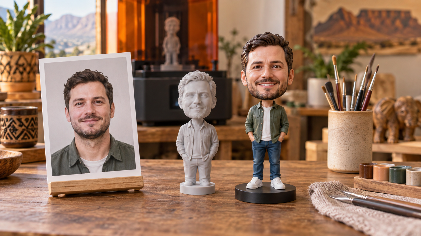 Portrait photo beside an unfinished and finished custom bobblehead in a South African studio Portrait photo beside an unfinished and finished custom bobblehead in a South African studio
