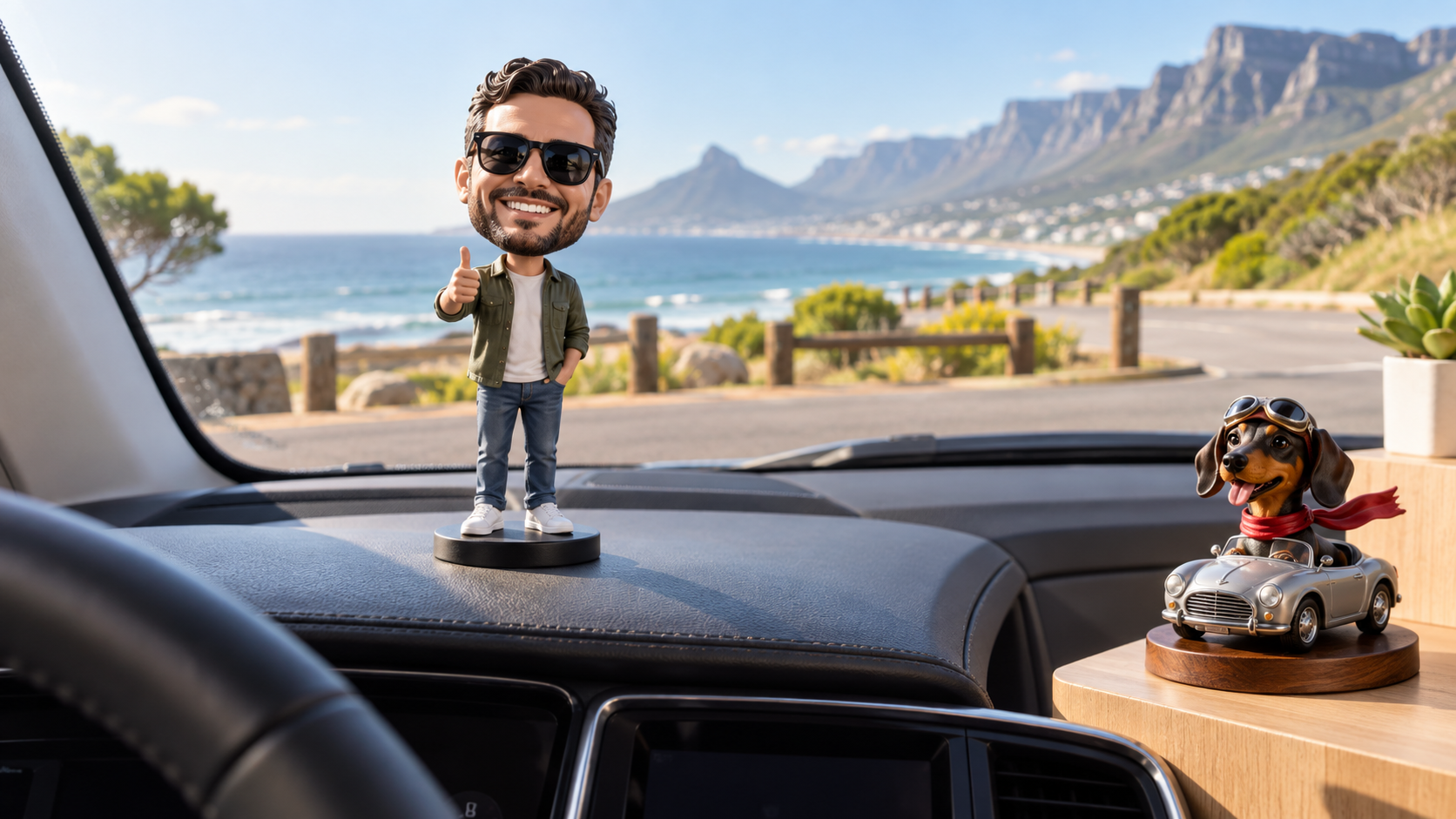 Personalised dashboard bobblehead displayed low on the dashboard of a parked car Personalised dashboard bobblehead displayed low on the dashboard of a parked car