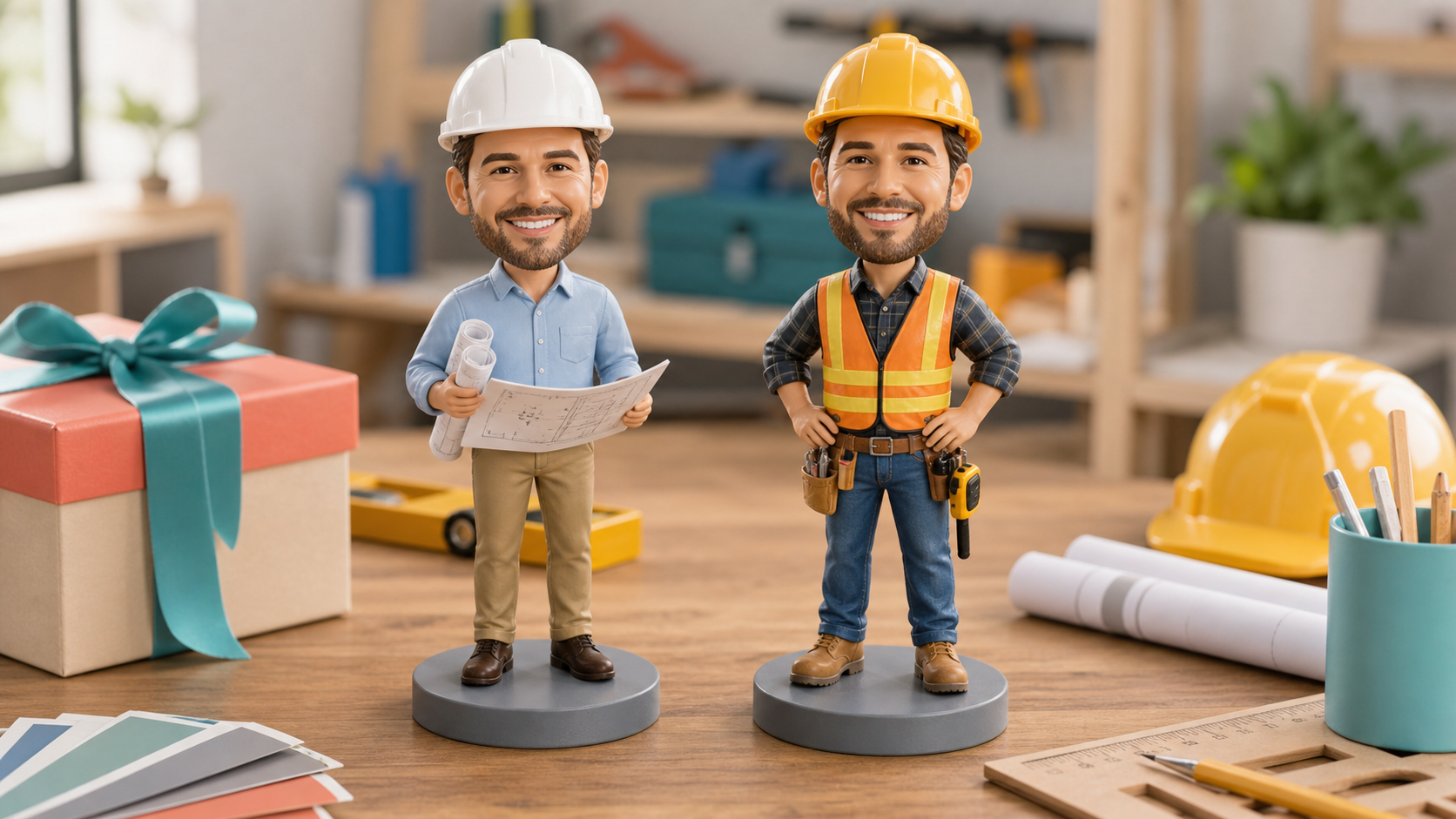 Personalised engineer figurine and builder bobble head gifts Personalised engineer figurine and custom builder bobble head gifts with plans and tools