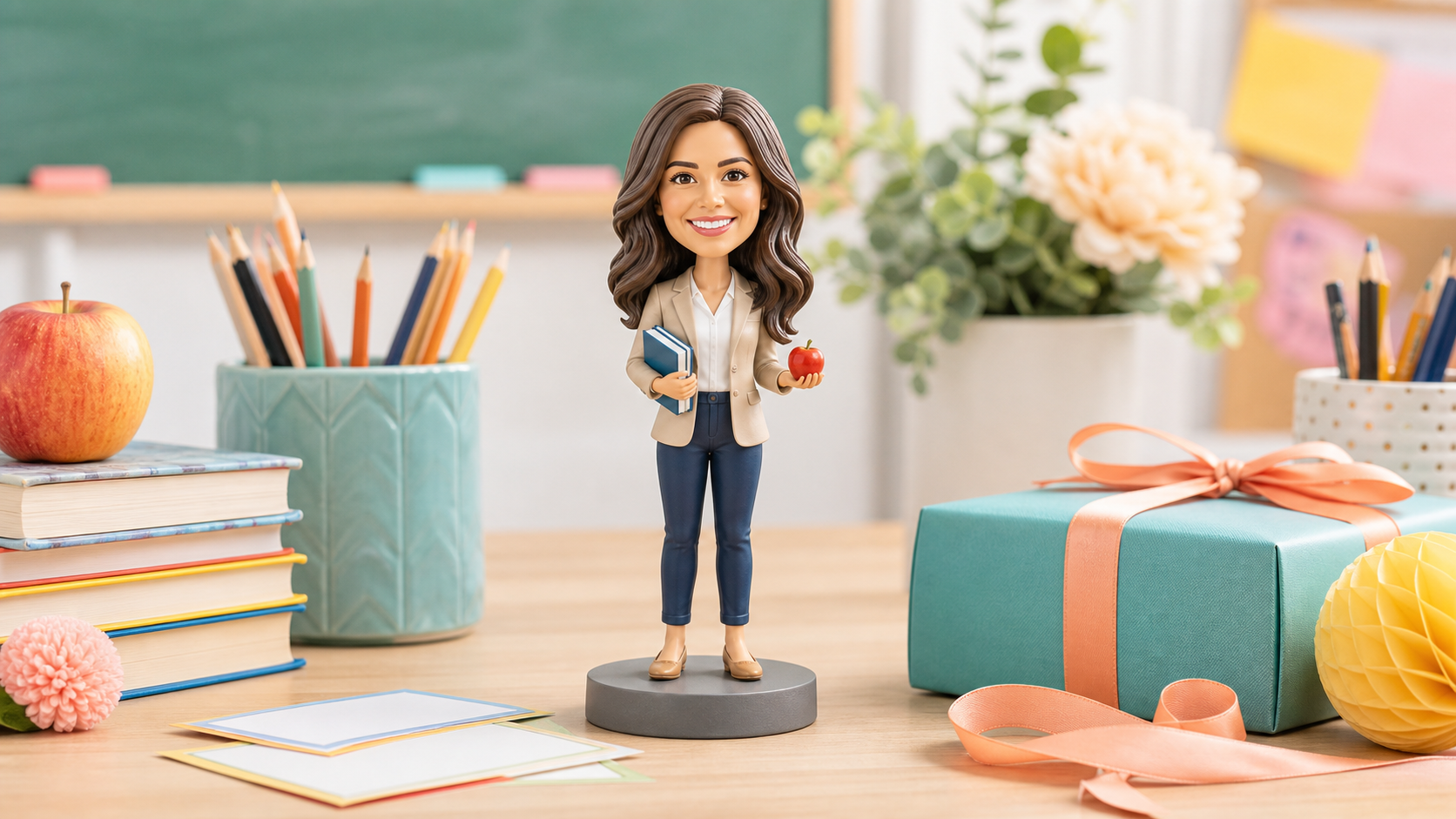Personalised teacher figurine South Africa Personalised teacher figurine South Africa with books pencils and a custom classroom gift