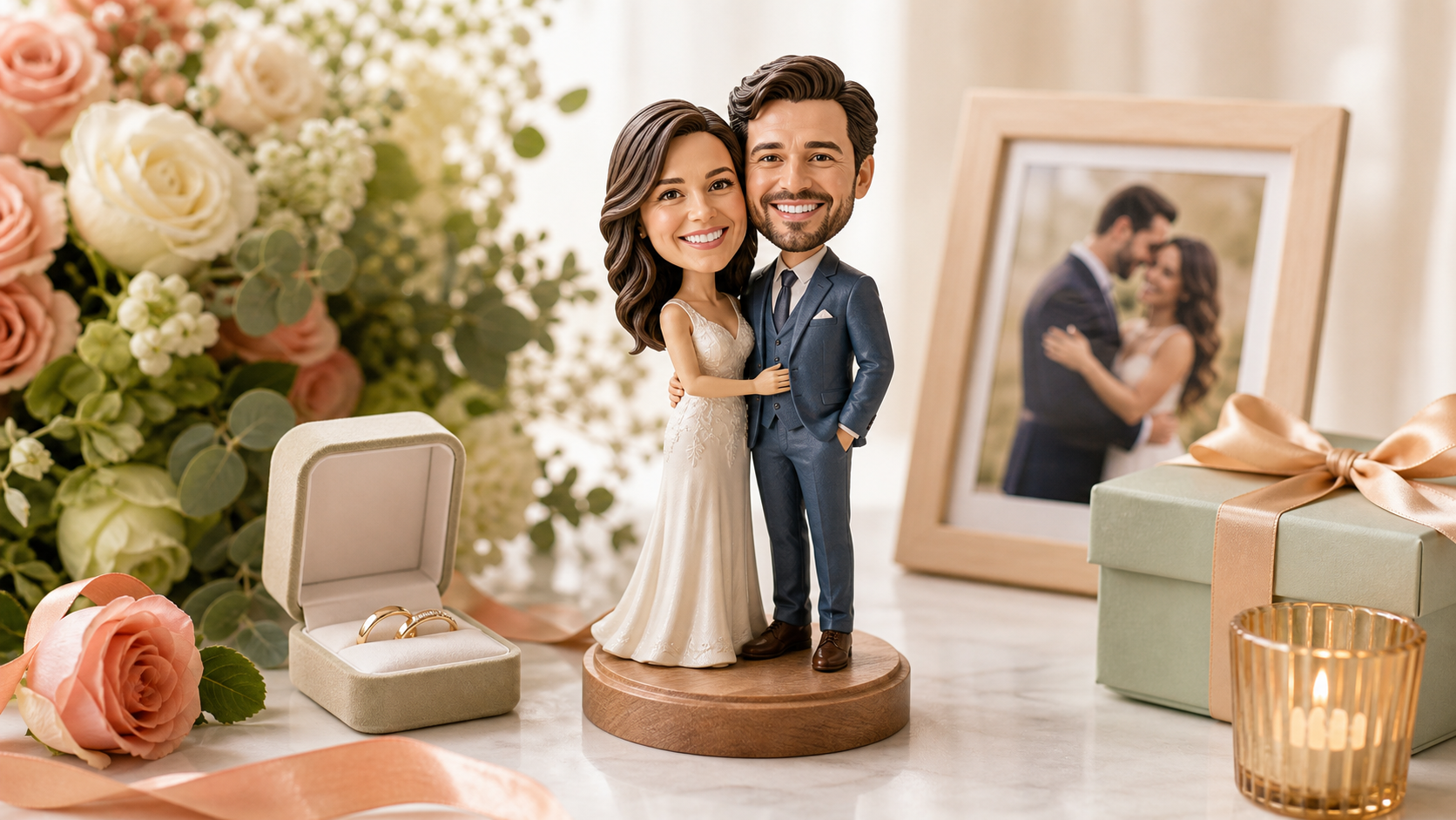 Personalised wedding and anniversary figurines Personalised wedding figurine and custom anniversary bobble head keepsake for a couple