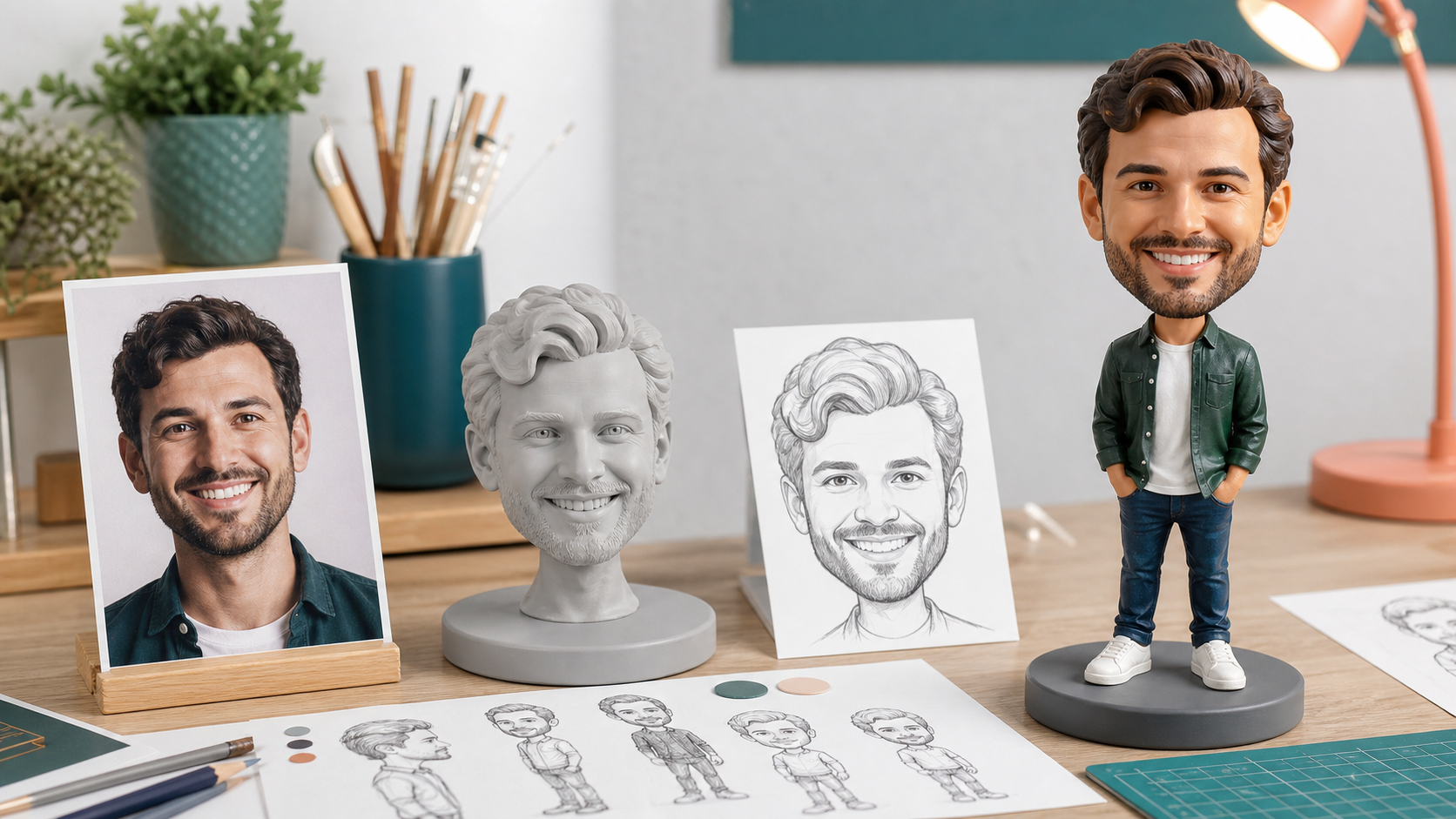 Turn photo into bobble head South Africa Turn photo into bobble head South Africa process with reference photos and finished personalised figurine