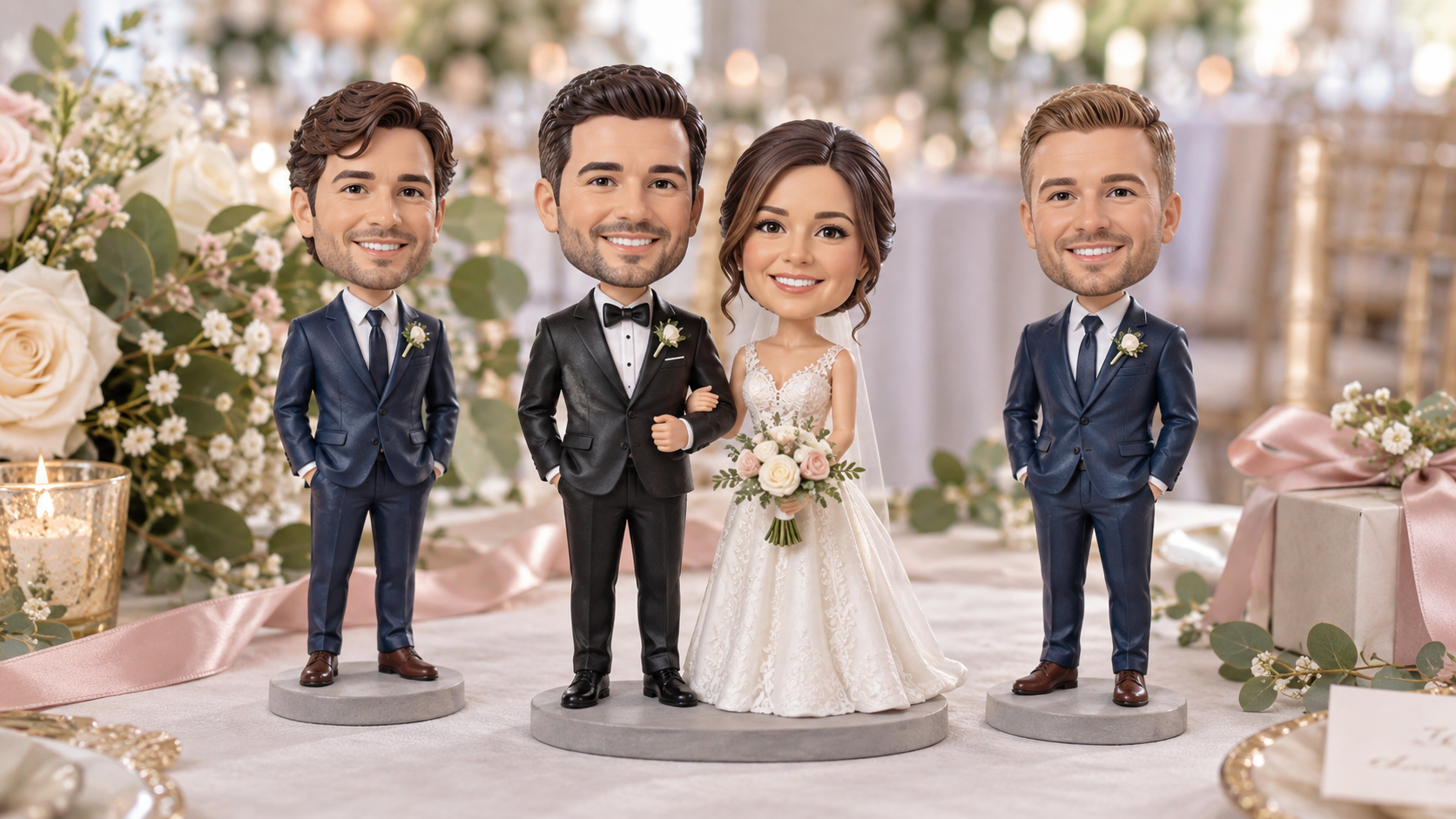 Bride groom and groomsmen bobbleheads arranged on an elegant wedding table Bride groom and groomsmen bobbleheads arranged on an elegant wedding table